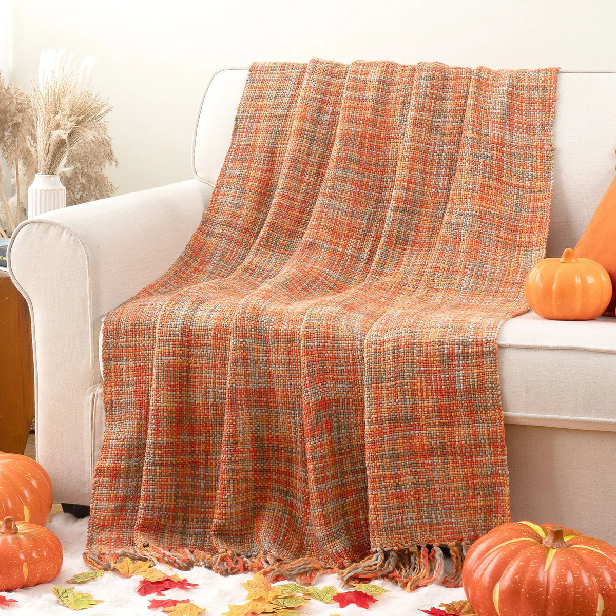 Battilo Orange Boho Cable Knit Throw Blanket with Tassels