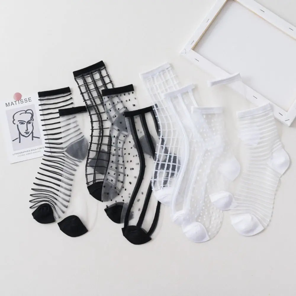 Women's Sheer Crystal Silk Ankle Socks | Ultrathin Lace Mesh