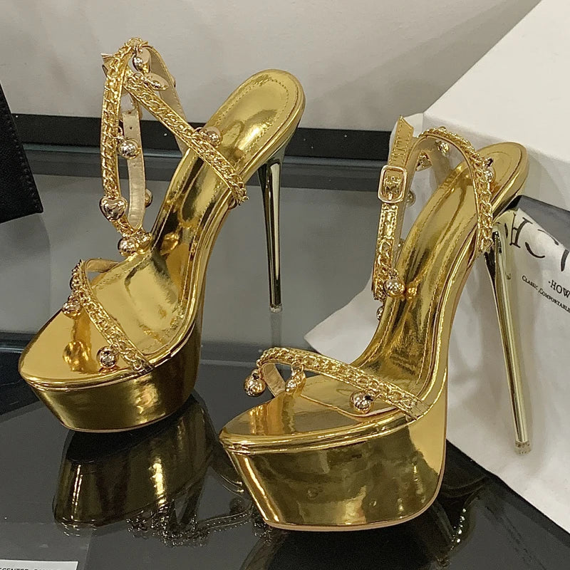Women's Platform Stiletto Sandals – Gold Buckle High Heels