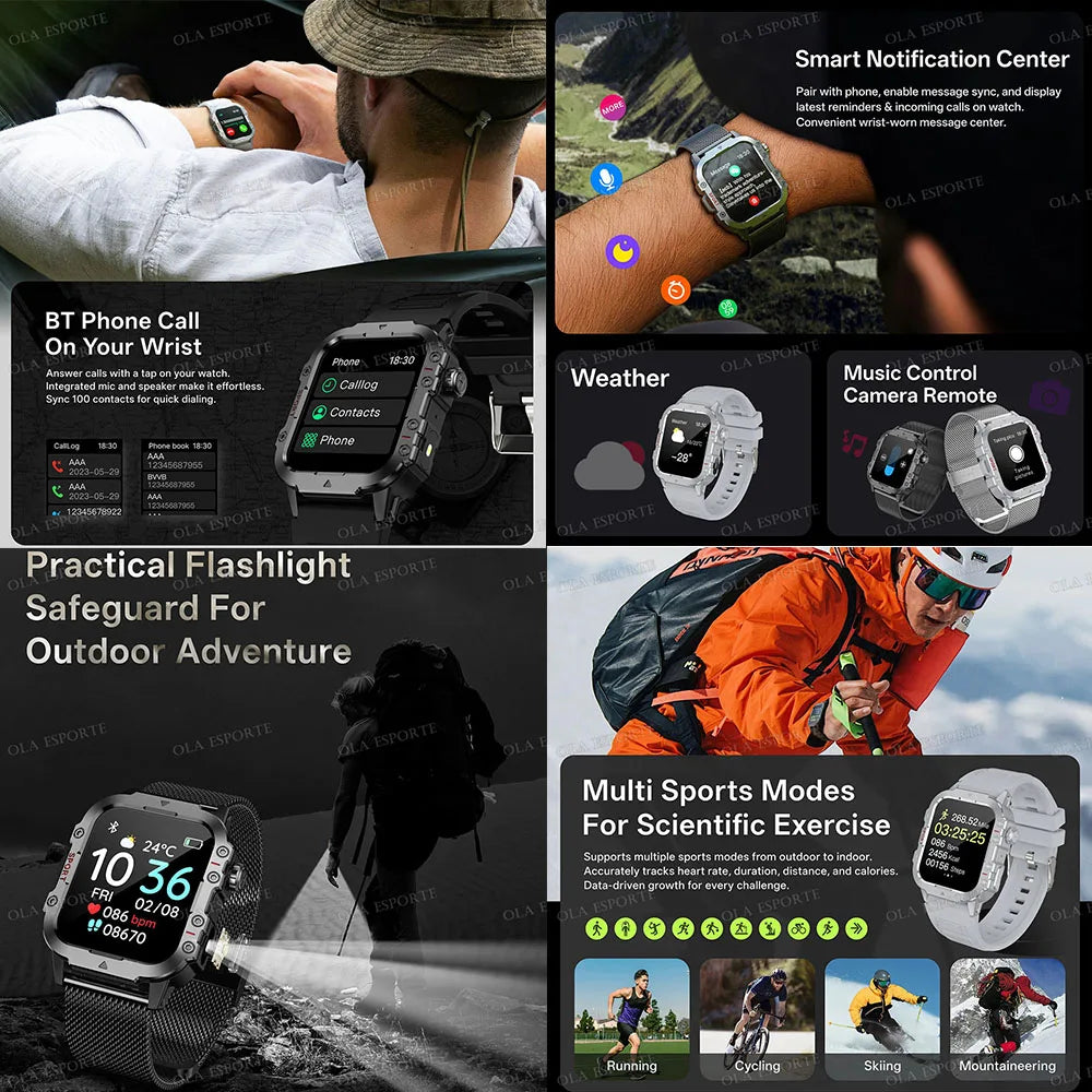 Military Outdoor Smart Watch Men S GPS Tracker Flashlight Bluetooth