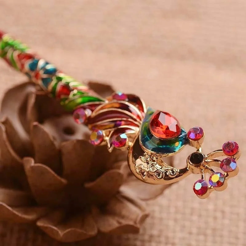Retro Peacock Enamel Crystal Hair Stick Pin – Chinese Style