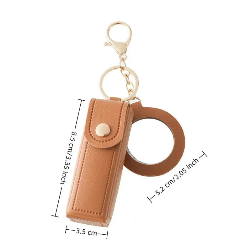 PU Leather Lipstick Holder Keychain with Flower Mirror