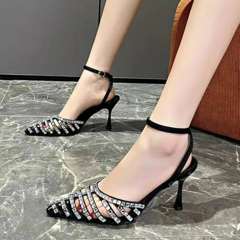 Women's Rhinestone Stiletto Sandals – French Cut-Out High Heels