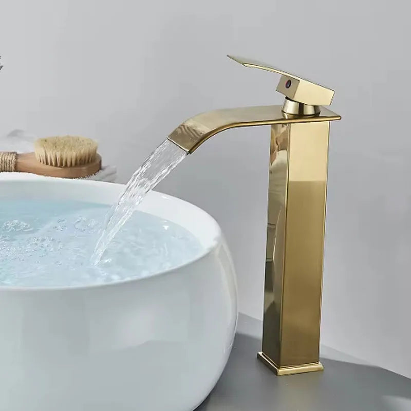 Brushed Gold Waterfall Bathroom Faucet | Single Handle Deck Mount