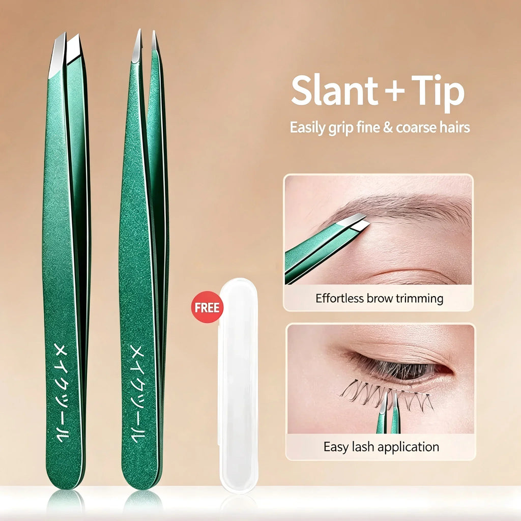 Professional Eyebrow Tweezers Set – Slant & Pointed Tip + Case
