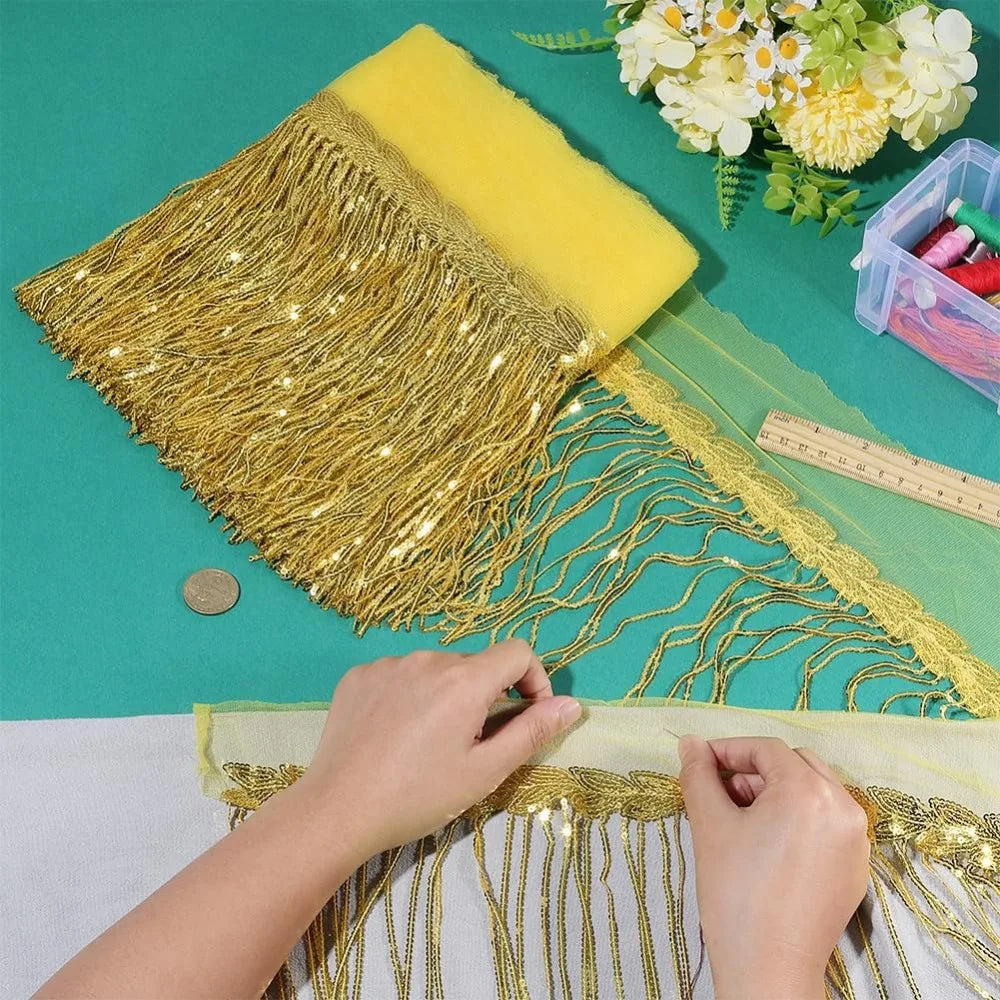 10 Yards Gold Sequin Tassel Fringe Trim Ribbon – 13 Inch Wide