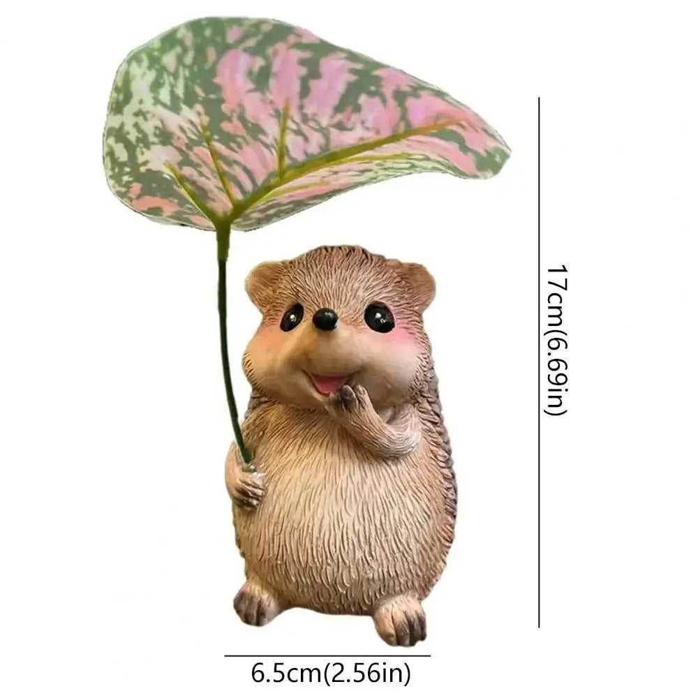 Leaf Umbrella Hedgehog Figurine | Resin Garden Statue Decor