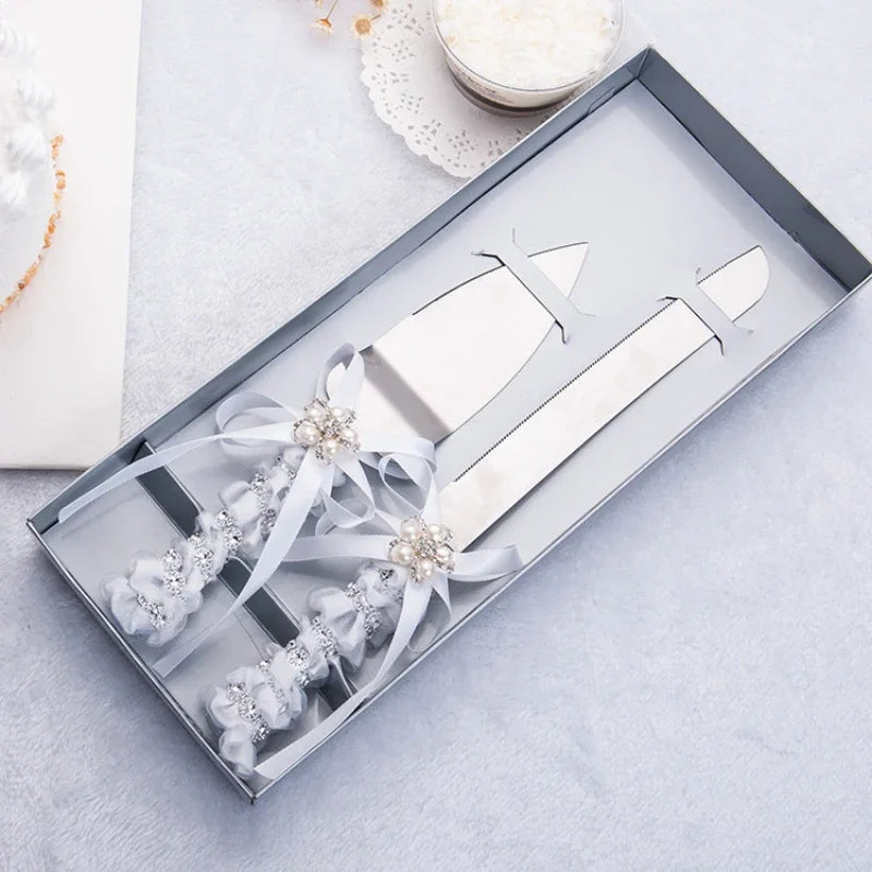 European Knife Fork Cake Spatula Diamond Bow Design Luxurious Wedding