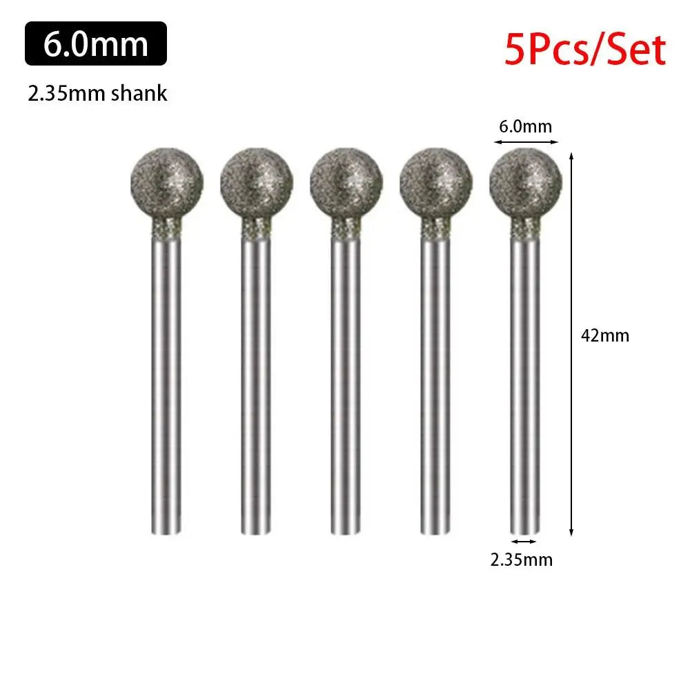 5-Pc Diamond Spherical Burr Set – 2.35mm Shank, 0.5–8mm