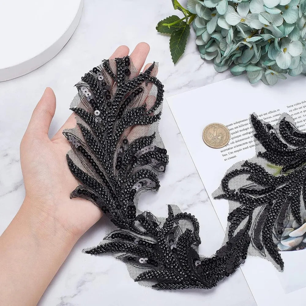 Black Sequin Beaded Lace Trim Ribbon – 1 Yard, 125mm Wide