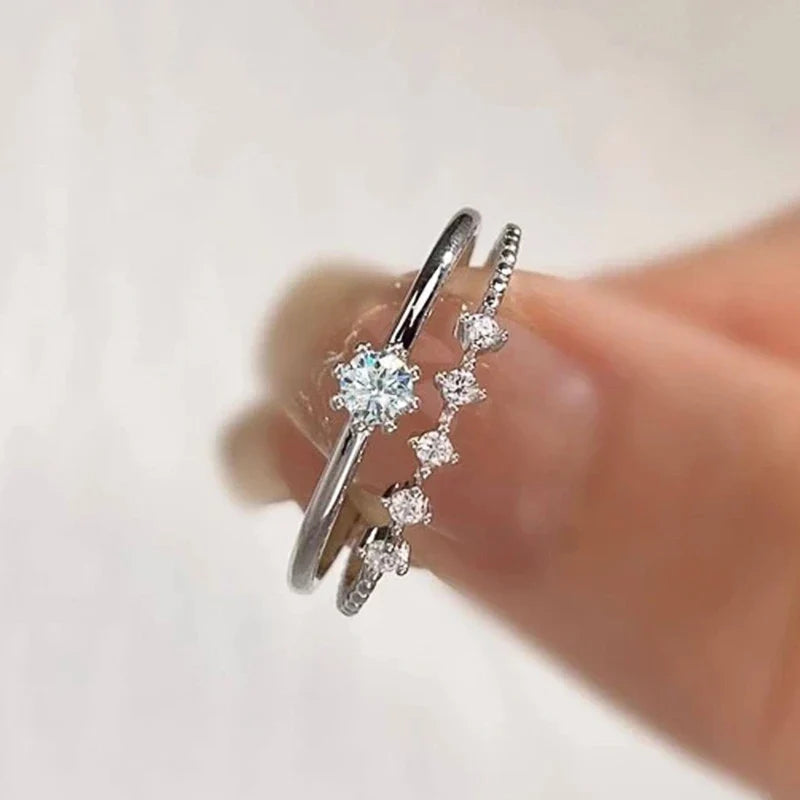 Huitan 2-Piece Stackable Silver CZ Thin Rings Set for Women