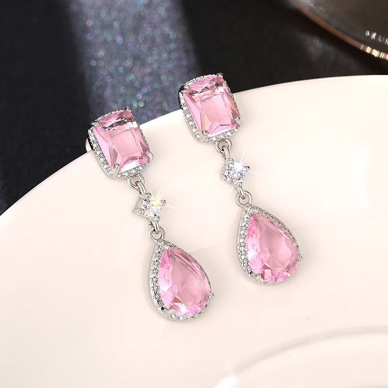 Huitan Pink & Yellow CZ Pear Drop Earrings | Dangle Jewelry