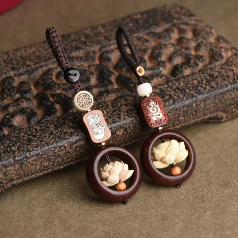 Mini Wooden Buddha Statue Lucky Lotus Keychain Pendant Accessories