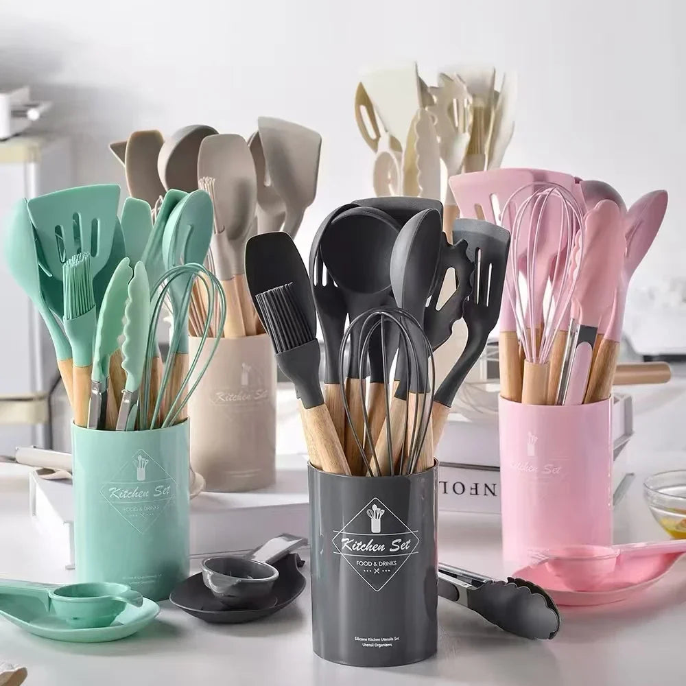 12-Piece Silicone Kitchen Utensil Set – Wood Handle & Storage