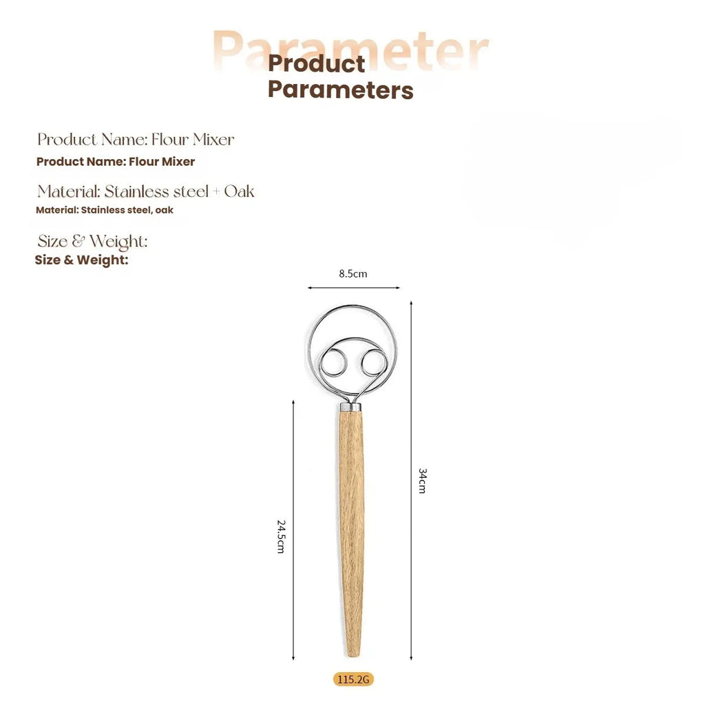 Danish Dough Whisk – Stainless Steel & Oak Wood Handle 13"
