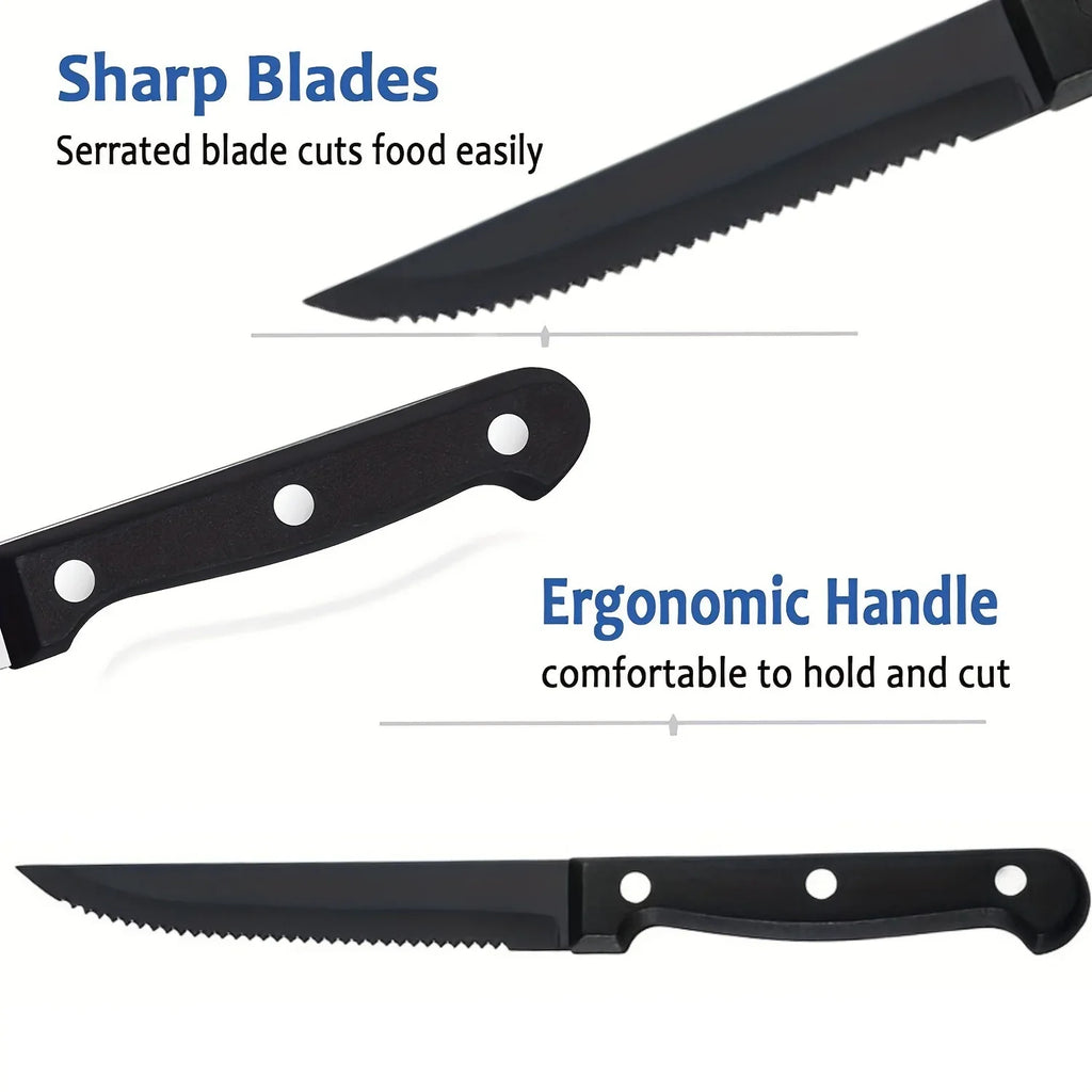 Black Stainless Steel Steak Knife Set – 4/6/8/16 Pcs Serrated