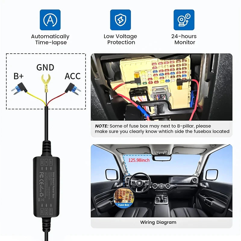 24H Parking Mode Hardwire Kit – Mini USB & Type-C Dash Cam