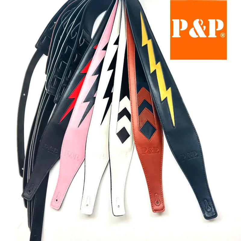 PP Guitar Strap Leather Shoulder Pads Lightning Cowhide Brown White
