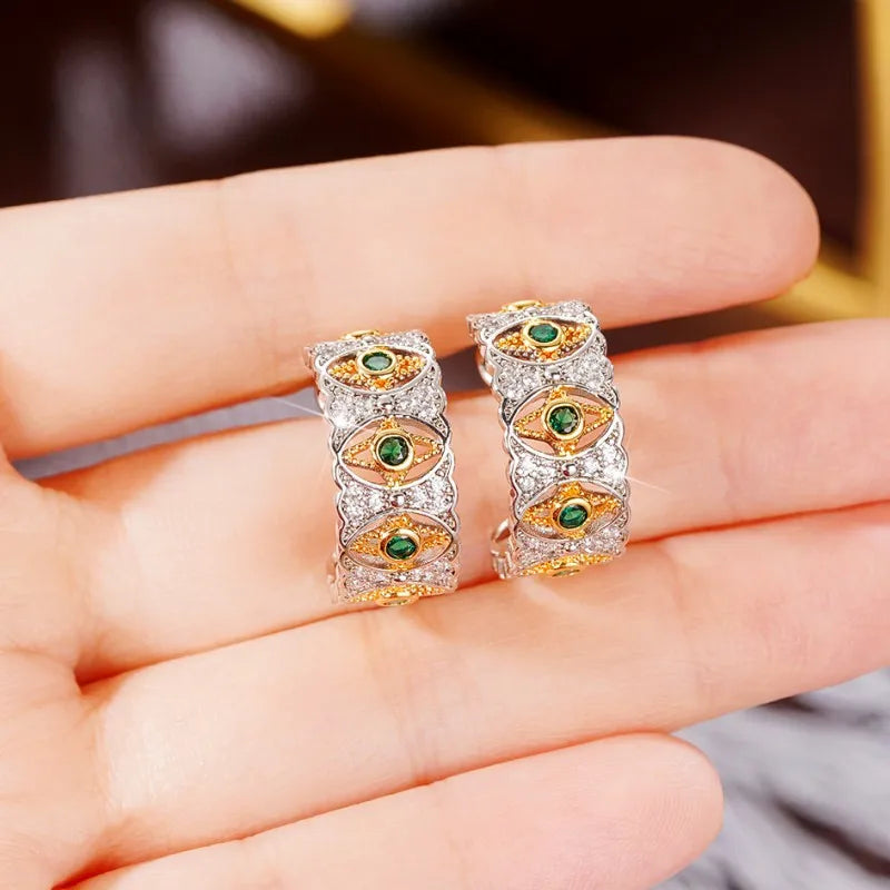 Huitan Two-Tone Hoop Earrings – Green & White Cubic Zirconia