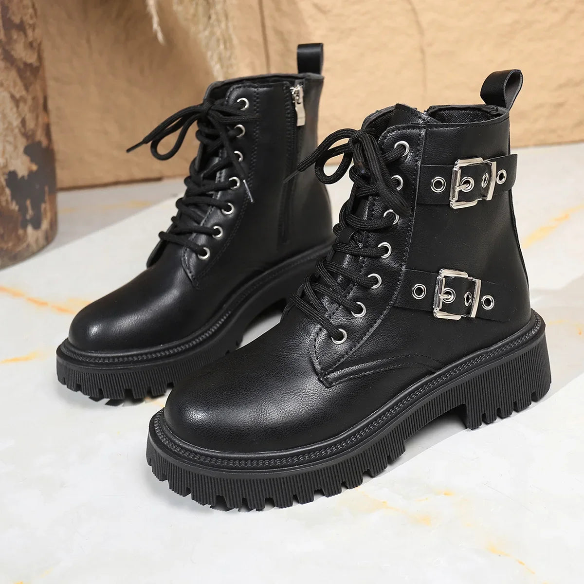 Women's Buckle Lace-Up Ankle Boots | PU Platform Booties