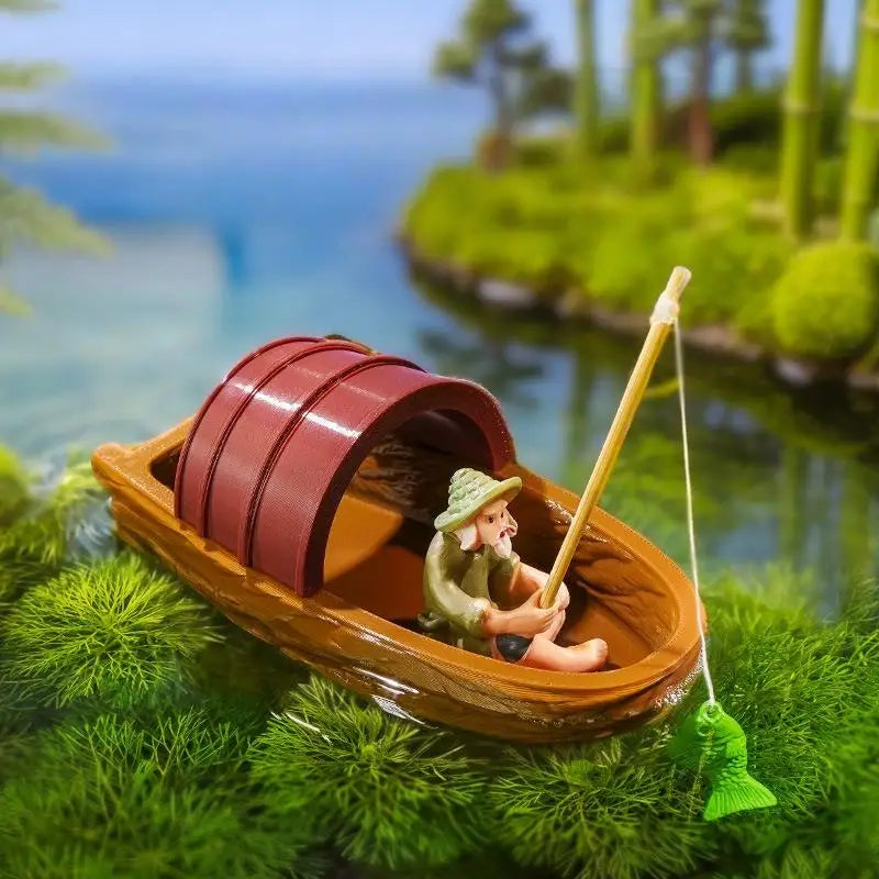 Floating Fisherman Mini Boat Aquarium Decoration | Fish Tank Decor
