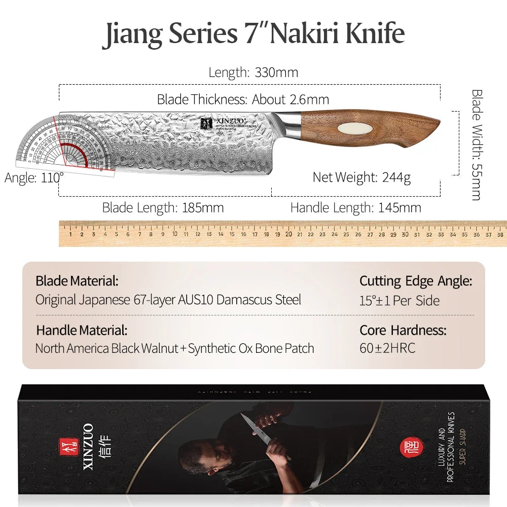 XINZUO 7" Nakiri Knife – AUS10 Damascus Steel Walnut Handle