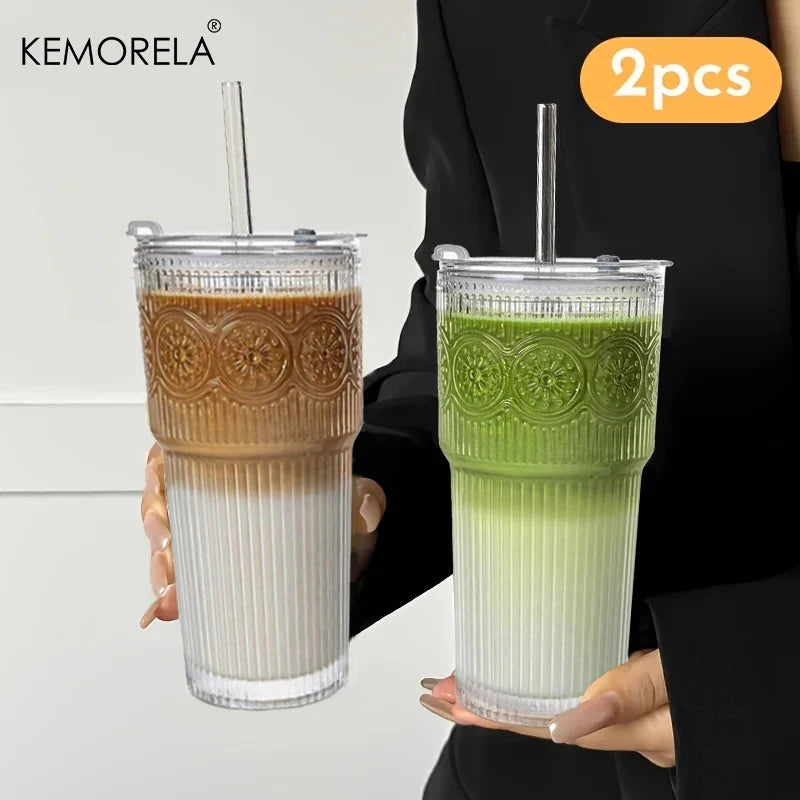 KEMORELA 600ml Floral Glass Tumblers with Lid & Straw | 1-2 Pack