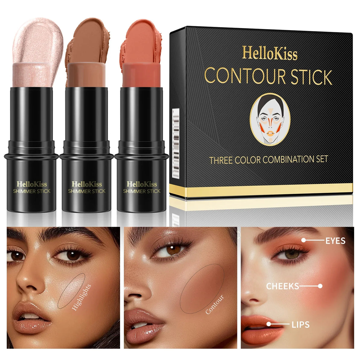 3-in-1 Cream Contour, Highlighter & Blush Stick Set with Brush