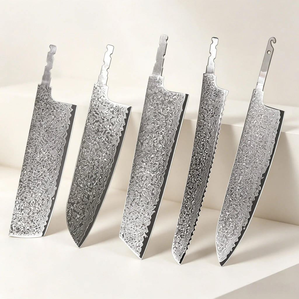 Damascus Steel Chef Knife Blade Set – No Handle, 1–5 Pcs