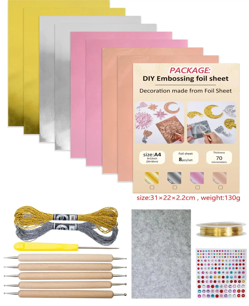 8-Piece Metal Embossing Foil Sheets Kit | Gold Silver Pink Rose Gold