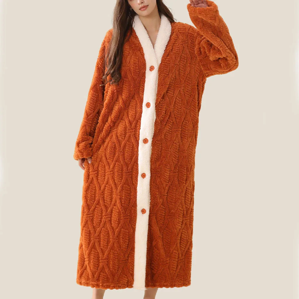 Women's Flannel Robe – Soft V-Neck Button Long Nightgown