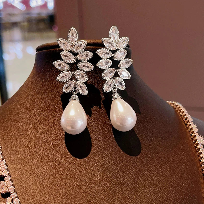 Huitan Pearl Dangle Earrings – Crystal CZ Bridal Wedding Jewelry