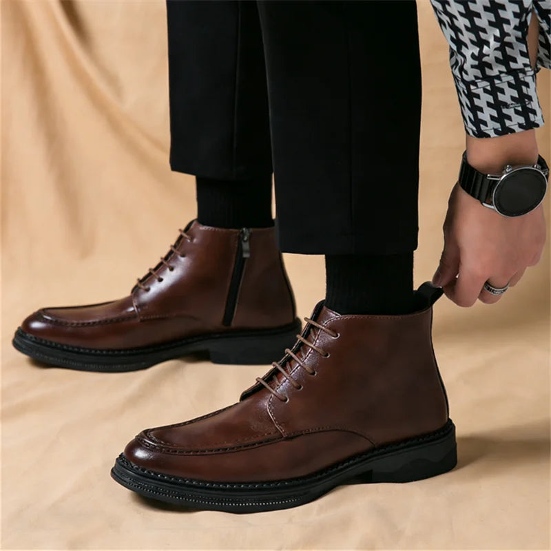 Men's British High-Top Pointed Toe Patent Leather Ankle Boots