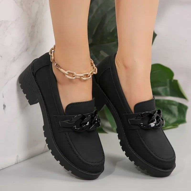 Women's Platform Loafers – Chunky Heel Slip-On Shoes & Metal Buckle