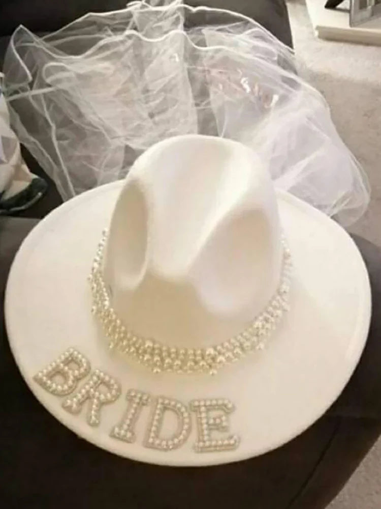 Bride Pearl Cowboy Veil Hat | Bachelorette Cowgirl Party