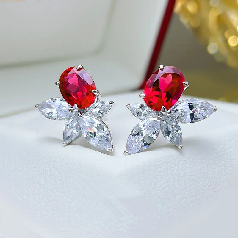 Huitan Red CZ Flower Stud Earrings – Silver-Tone Women's Jewelry
