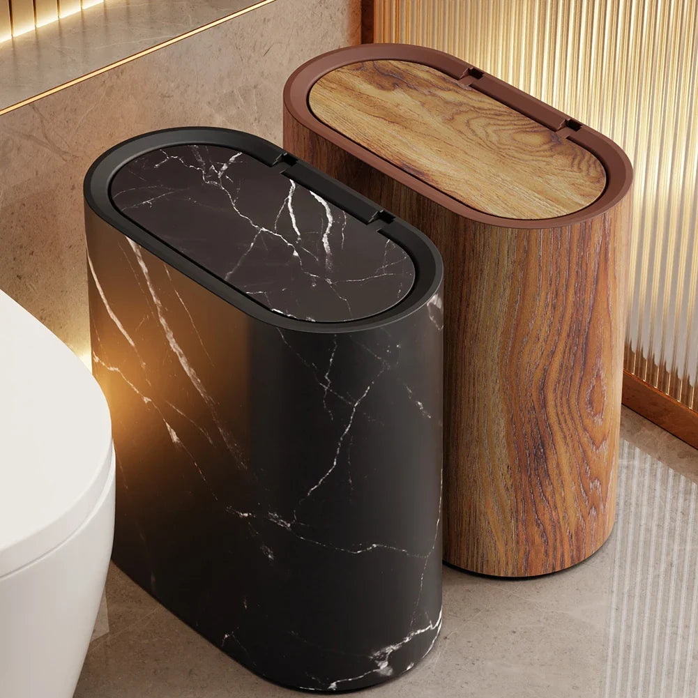 Marble Slim Trash Can with Lid – Narrow Wastebasket for Home