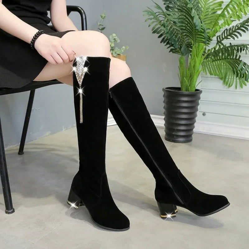 Women's Over-the-Knee Corduroy Boots – Side Zip Square Heel