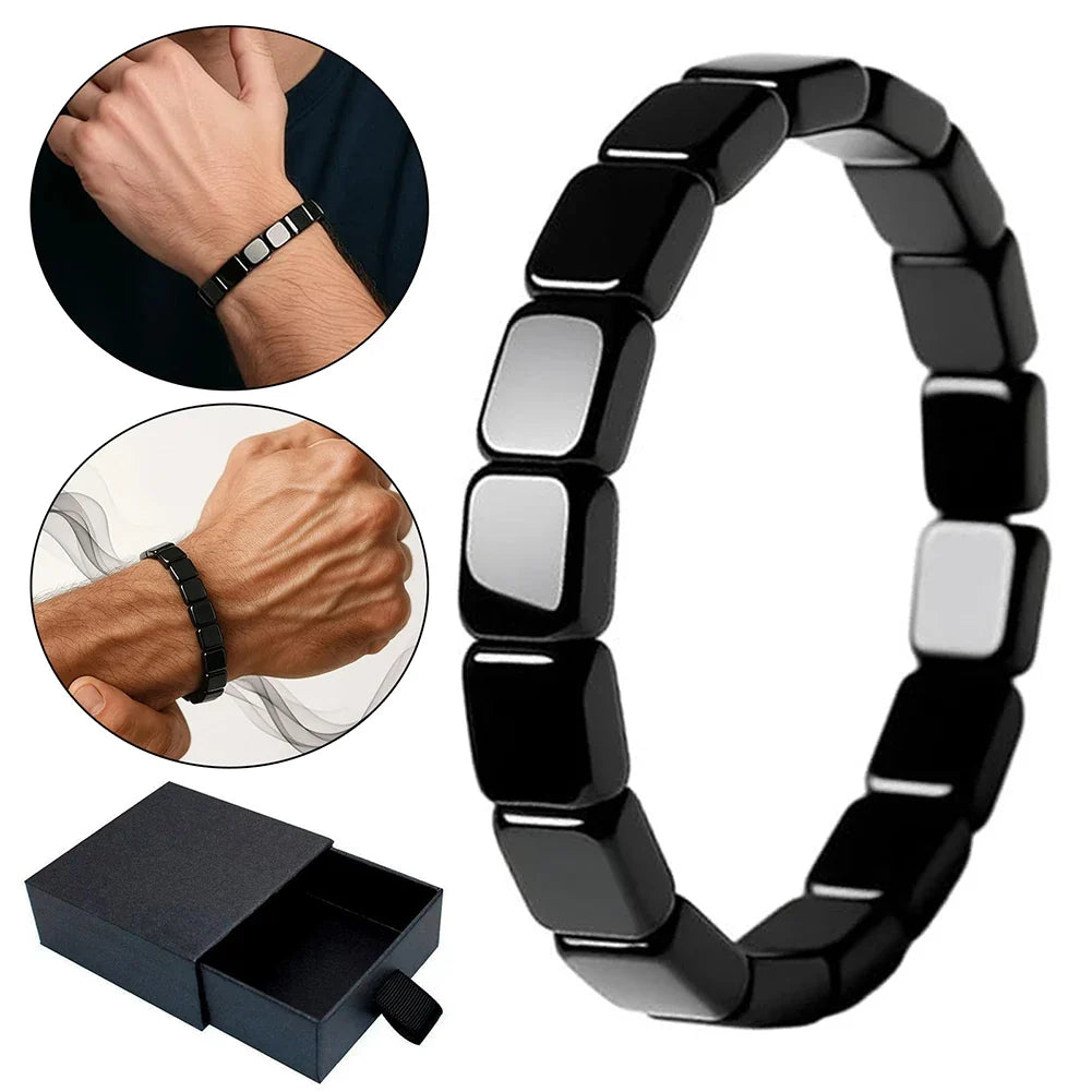 Hematite Black Obsidian Square Bead Stretch Bracelet | Men & Women