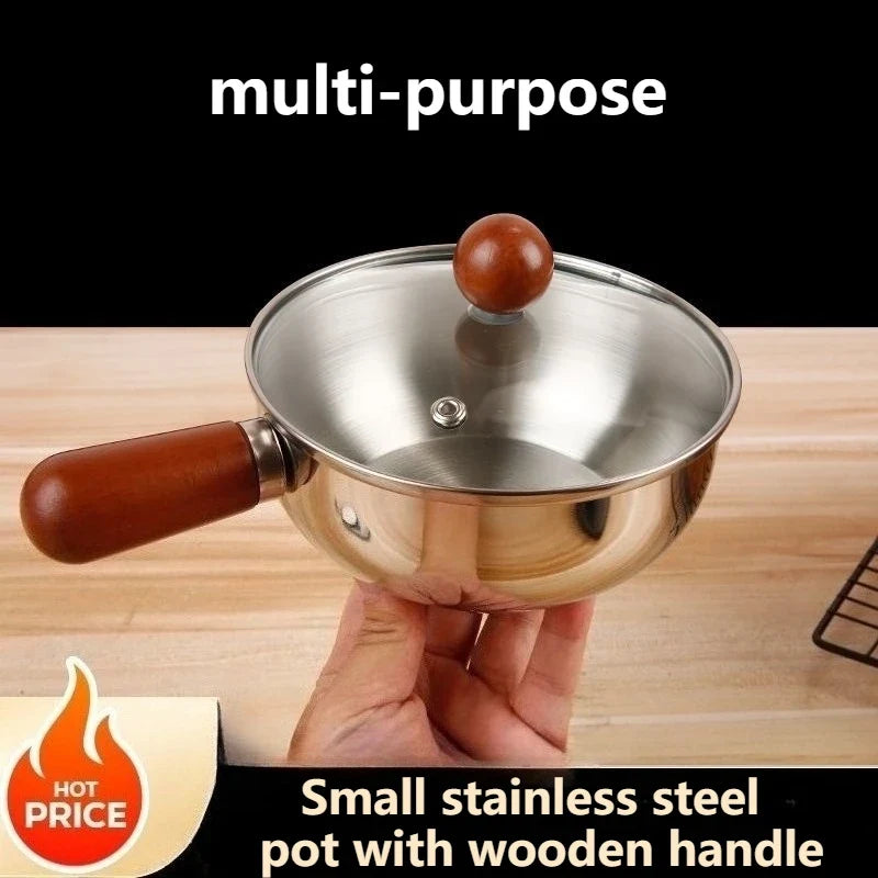 Stainless Steel Small Cooking Pot Wooden Handle Noodle Baby Food Milk