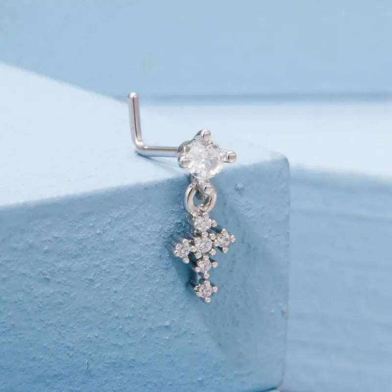 Cross Zircon Dangle Nose Ring – L-Shape Stud Body Jewelry