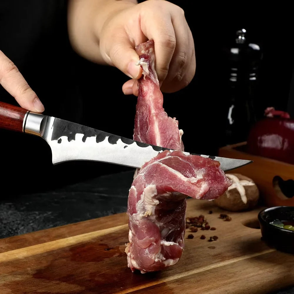 Hand Forged Boning Knife – Hammered Steel & Rosewood Handle