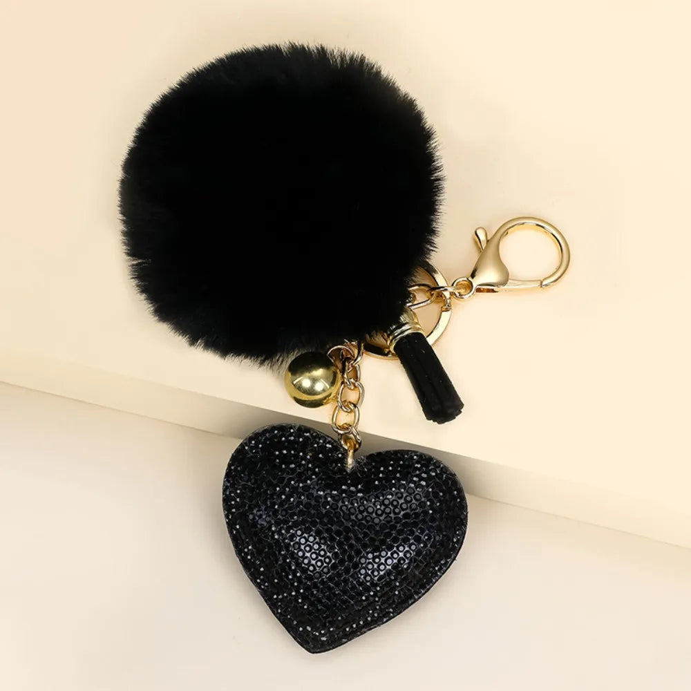 Faux Fur Plush Ball Keychain – Rhinestone Heart Bag Charm