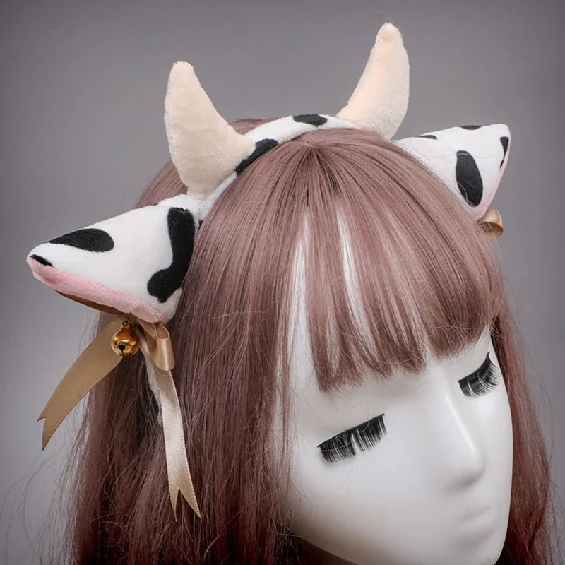 Cartoon Plush Cow Ears Horn Headband Small Bells Ribbon Bow Anime