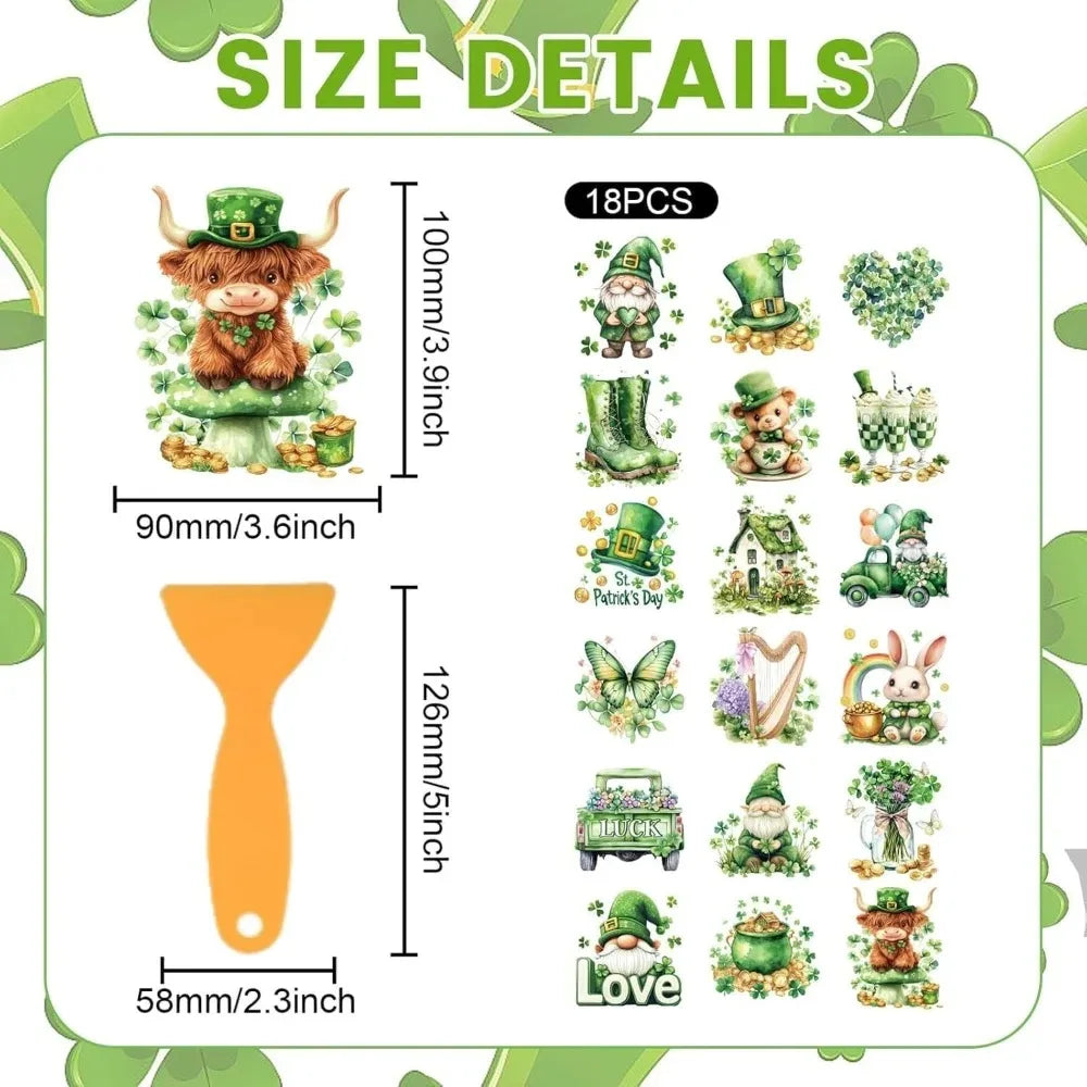 18Pc St. Patrick's Day Rub-On Transfers – Gnome & Clover Decals