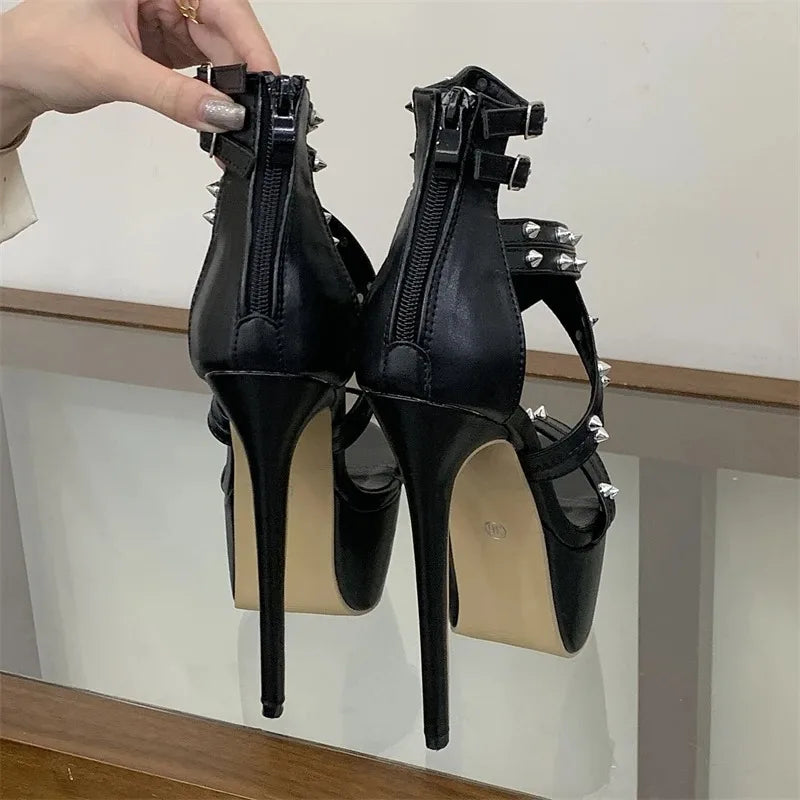 Women's Punk Stiletto Sandals – Open Toe Rivet Buckle Heels