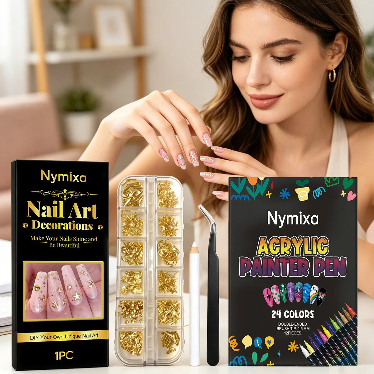 Nymixa DIY Nail Art Kit – 12-Color Pens & Glitter Decorations