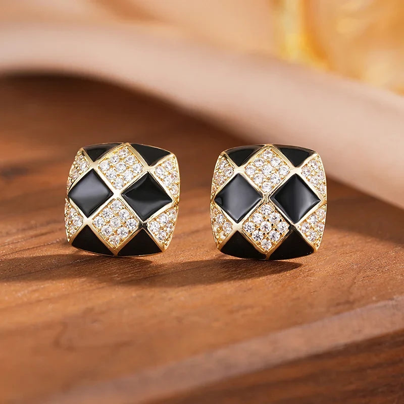 Huitan Gold Grid Stud Earrings – Geometric CZ Fashion Jewelry