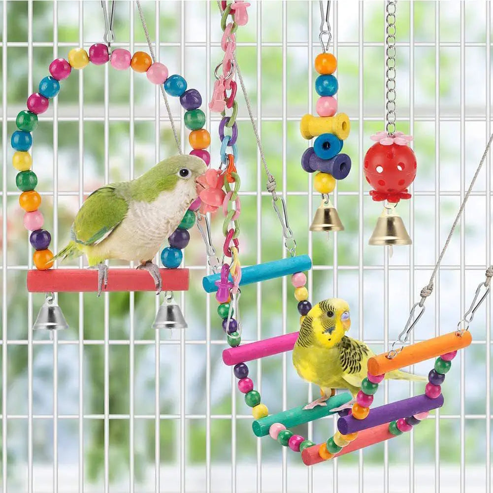 11-Piece Natural Wood Parrot Toy Set – Swing, Chew & Bell Toys