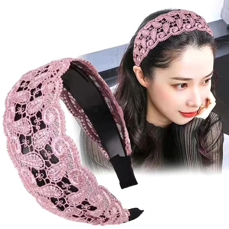 Korean Lace Flower Wide Headband – Non-Slip Vintage Hair Hoop